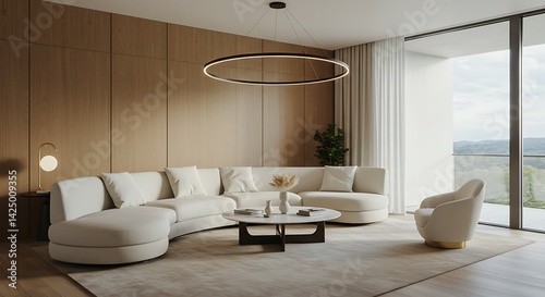 A modern living room featuring a curved white sofa and a circular led pendant light fixture
