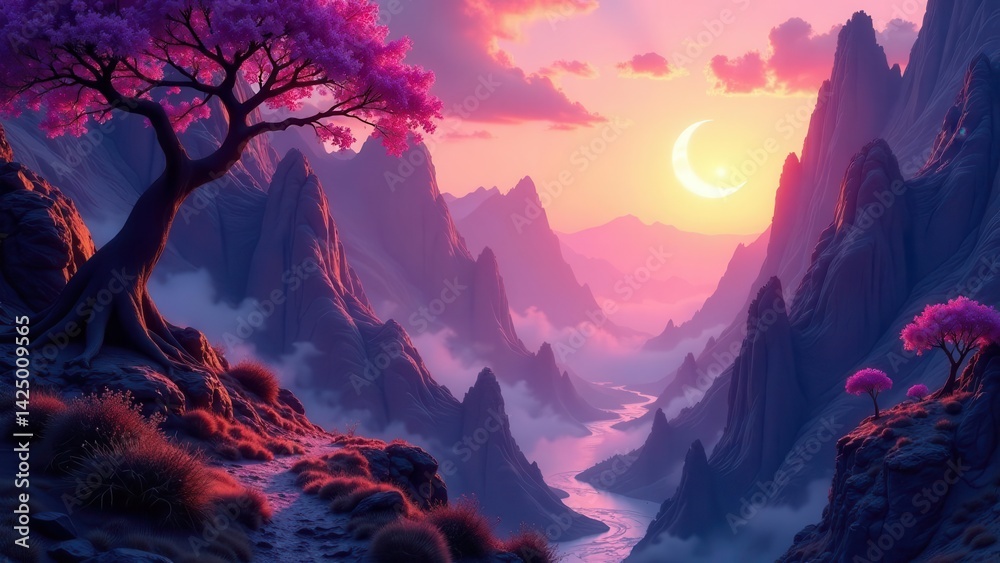 Serene Sunset Panorama Majestic Mountains, Blooming Trees, and a Crescent Moon in a Dreamlike Valley