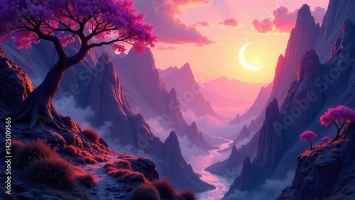 Obraz na płótnie Serene Sunset Panorama Majestic Mountains, Blooming Trees, and a Crescent Moon in a Dreamlike Valley w salonie