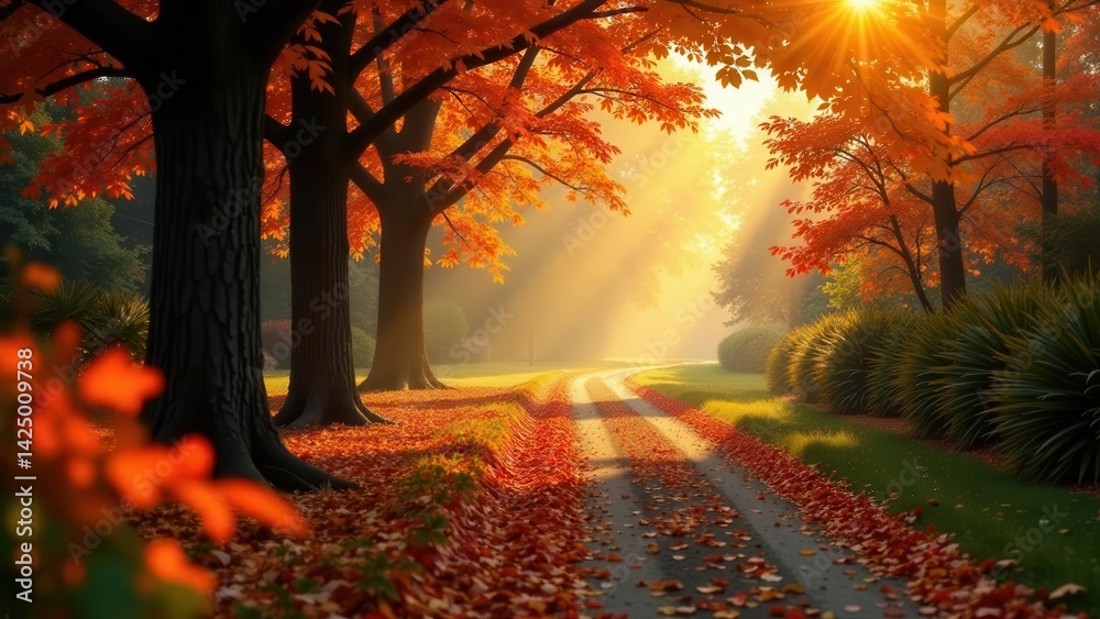 Autumnal Path Sunlit Pathway Through a Canopy of Vibrant Red and Orange Leaves