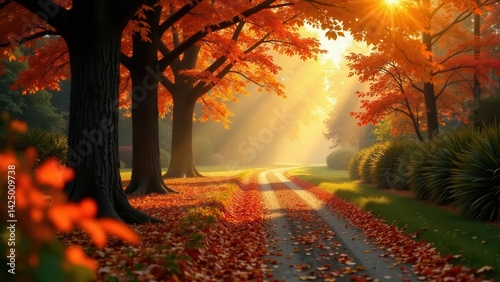 Obraz na płótnie Autumnal Path Sunlit Pathway Through a Canopy of Vibrant Red and Orange Leaves w salonie