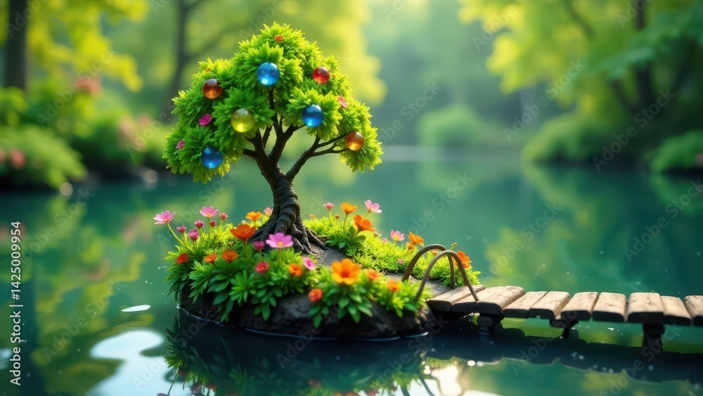 Serene Lakeside Miniature Garden with Ornate Small Tree and Colorful Glass Ornaments on a Tiny Island Connected by a Rustic Wooden Footbridge