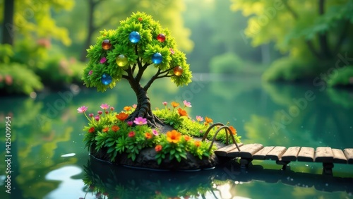 Obraz na płótnie Serene Lakeside Miniature Garden with Ornate Small Tree and Colorful Glass Ornaments on a Tiny Island Connected by a Rustic Wooden Footbridge w salonie