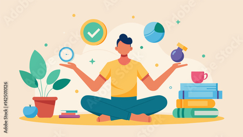 A person surrounded by tools like books meditation cushions and exercise equipment showing how actively engaging in activities to improve both the.