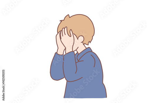 Young man covering face with hands and feeling upset unhappy and thoughtful. Hand drawn style vector design illustrations.