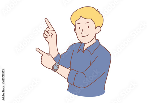 Smiling man point at good sale deal or offer. Happy guy recommend discount or promotion. Hand drawn style vector design illustrations.