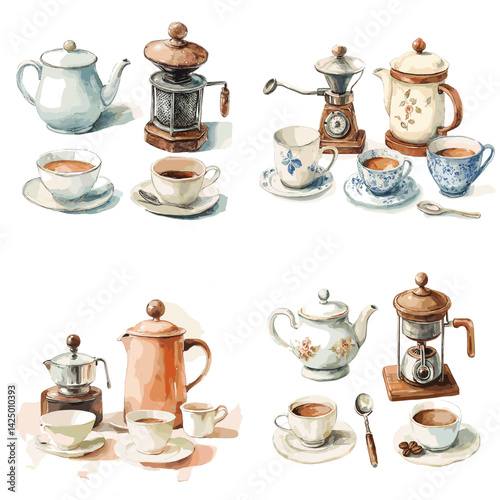 Vintage watercolor coffee sets with teapots, grinders, and cups. Perfect for traditional coffee themes, café branding, or nostalgic kitchen decor illustrations.

