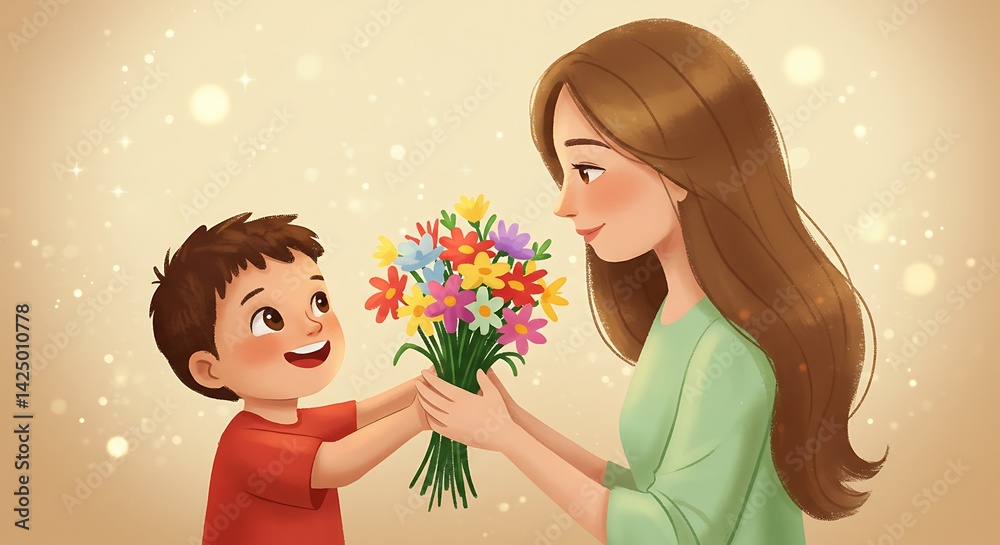 2D Illustration of a Child Giving Flowers to Mom - Mother’s Day Scene 2D Illustration of a Child Giving Flowers to Mom - Mother’s Day Scene