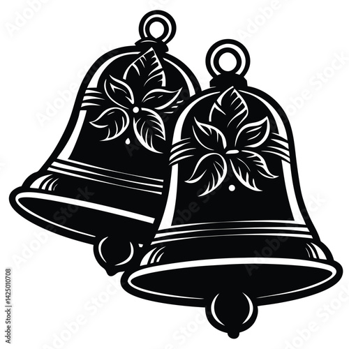 Two Ornate Christmas Bells with Poinsettia Design