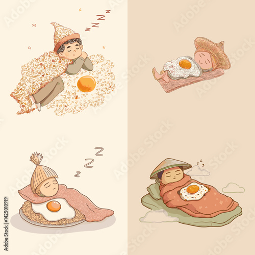 Charming illustrations of sleeping kids resting on rice and egg dishes. Whimsical and cozy concept ideal for bedtime, food art, or children’s story content.


