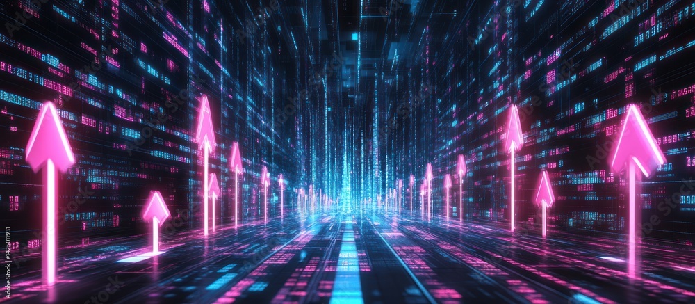 Neon Arrows Navigating a Digital Realm: An Abstract Depiction of Ascending Information Neon Arrows Navigating a Digital Realm: An Abstract Depiction of Ascending Information