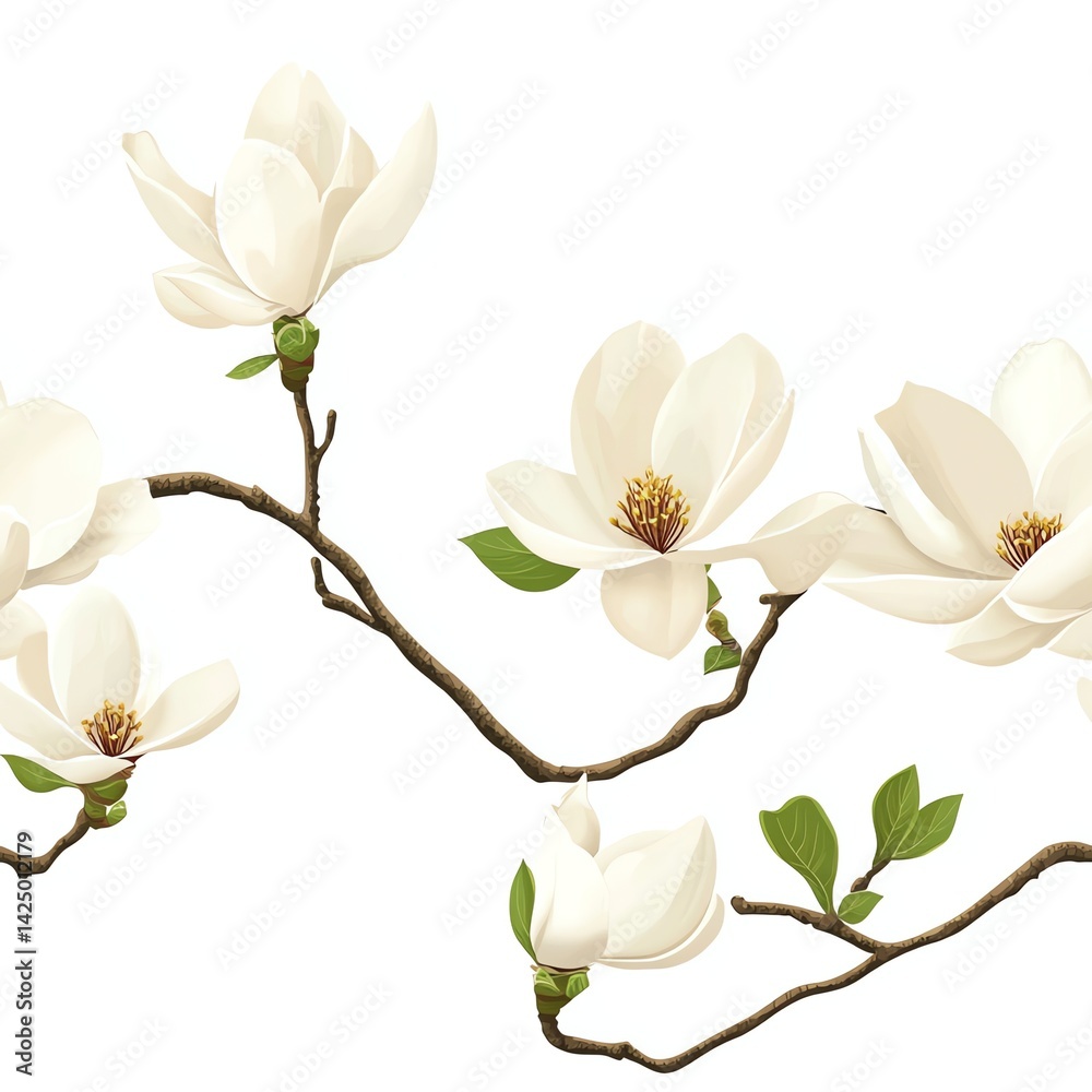 Fototapeta premium Elegant Magnolia Flowers Blooming on Branch in Vector Graphic Illustration