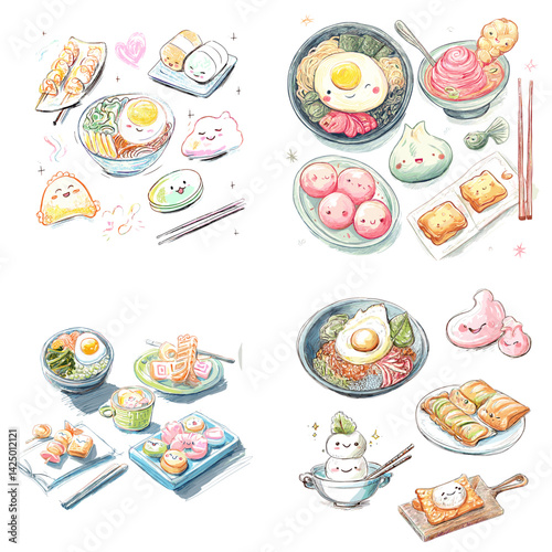 Cute kawaii-style Japanese food illustrations featuring sushi, ramen, and dim sum with smiling faces. Great for kids, menu design, or Asian cuisine content.

