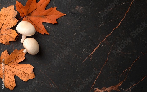Autumn Mushrooms on Dark Stone photo