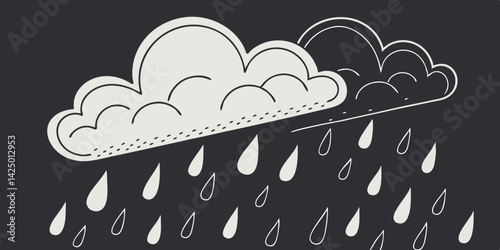 Illustration of Cloud and rain on dark black background. heavy rain, rainy season, paper cut and craft style. vector, illustration.
