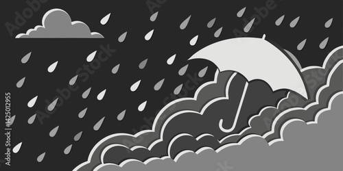 Illustration of Cloud and rain on dark black background. heavy rain, rainy season, paper cut and craft style. vector, illustration.
