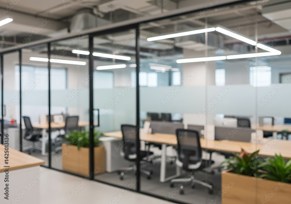 Blurred view of modern office space with glass walls desks and chairs inside a corporate building Blurred view of modern office space with glass walls desks and chairs inside a corporate building