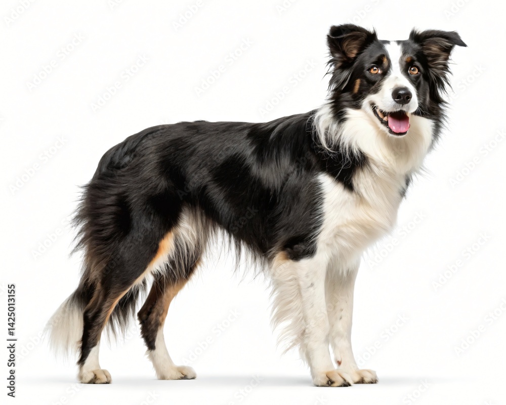 Fototapeta premium Happy Black and White Border Collie Dog Studio Shot Full Body Isolated on White Background