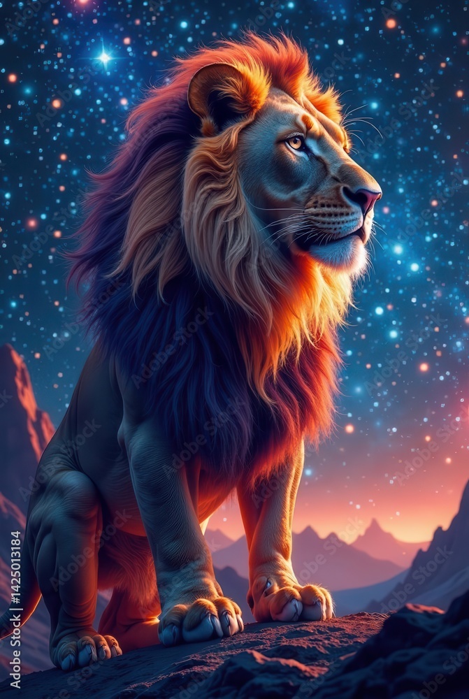 Majestic Lion Under a Starry Night Sky, Perched Upon a Rocky Outcrop, Gazing at the Celestial Wonders