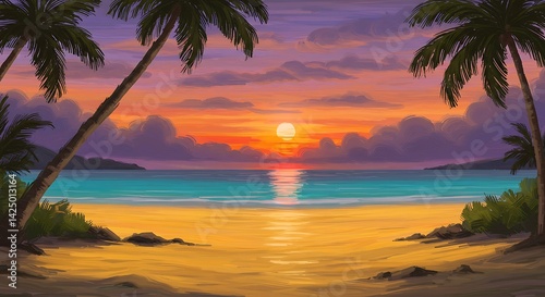 Beach Sunset Palm Tree Painting