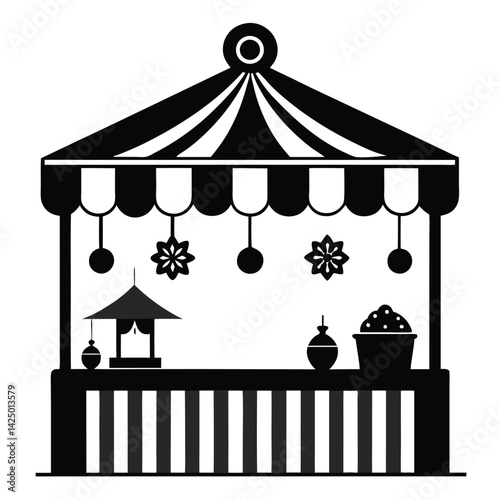 Black and White Striped Market Stall Icon Illustration