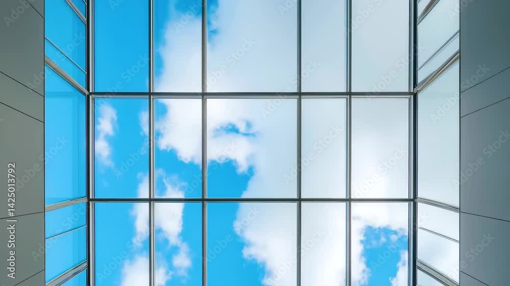 Modern architectural design features glass ceiling that reveals stunning sky filled with clouds, enhancing structures serene atmosphere.