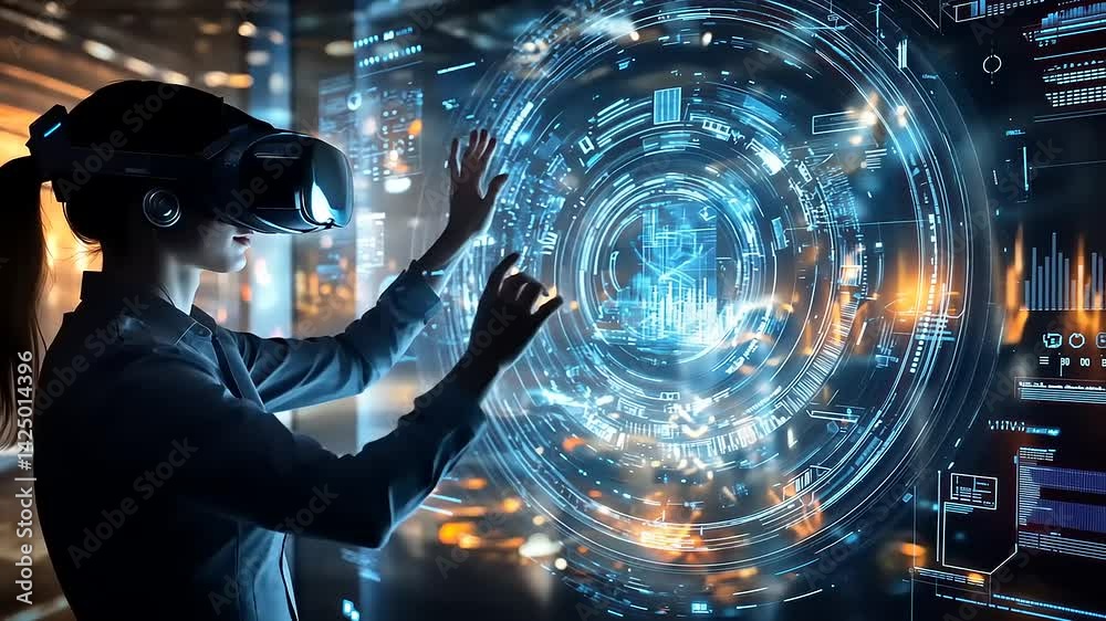 Immersive Experience: A Woman Navigating Virtual Reality with Advanced Technology Interface