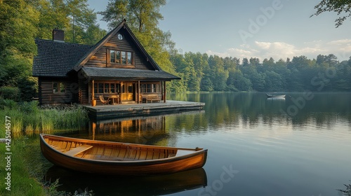 Fototapeta Naklejka Na Ścianę i Meble -  Idyllic lake house retreat with wooden boat and tranquil waterscape view