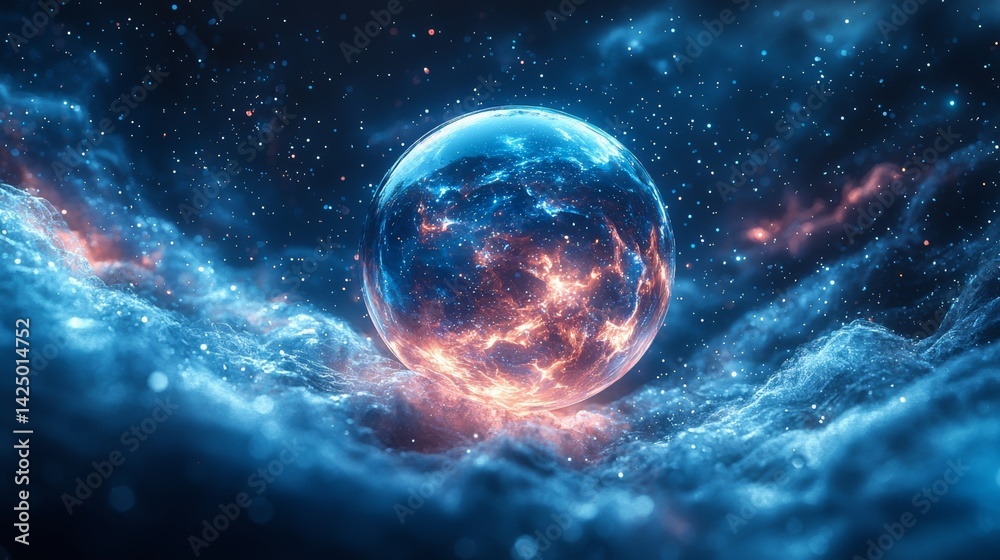 Glowing cosmic orb amidst vibrant celestial clouds