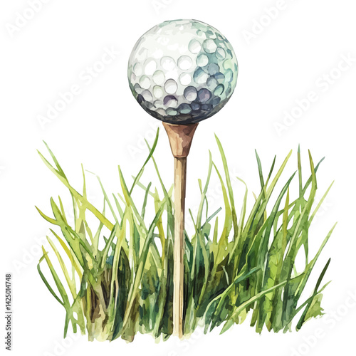 Golf tee and ball placed in fresh grass, watercolor illustration, isolated on a white background.

