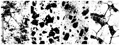 Grunge Splatter and Cracked Texture Set, Distressed Black and White Vector Backgrounds for Urban and Vintage Design