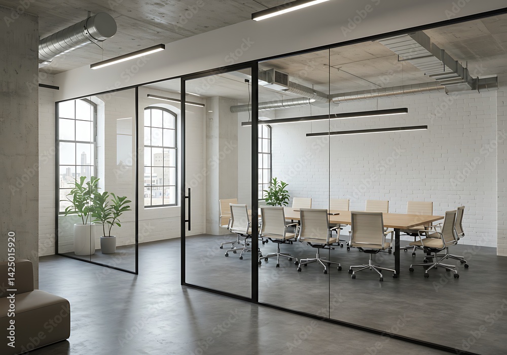 Fototapeta premium Conference room with glass walls and a long table surrounded by chairs in a modern office space