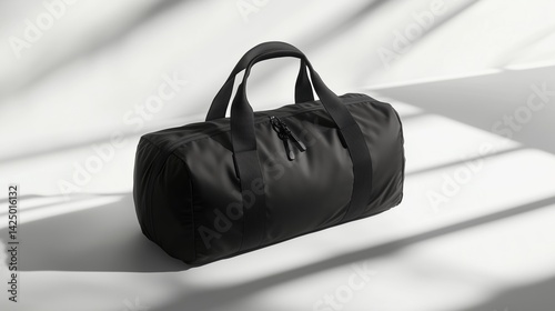 Close-up of a premium black duffel bag with sturdy handles and a zippered closure. Ideal for travel, fitness, and fashion use.