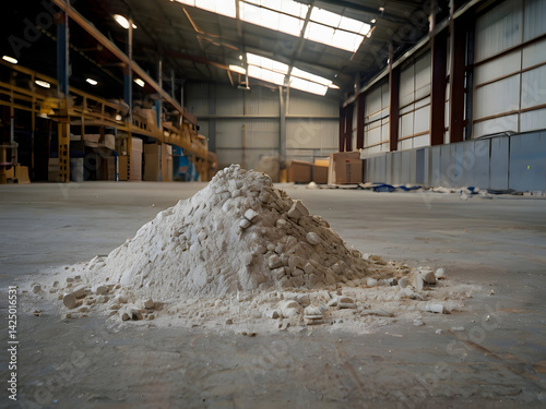 Sandpile in Factory: A large pile of light gray sand rests on the concrete floor of a large, empty factory. The building features high ceilings and industrial architecture. 