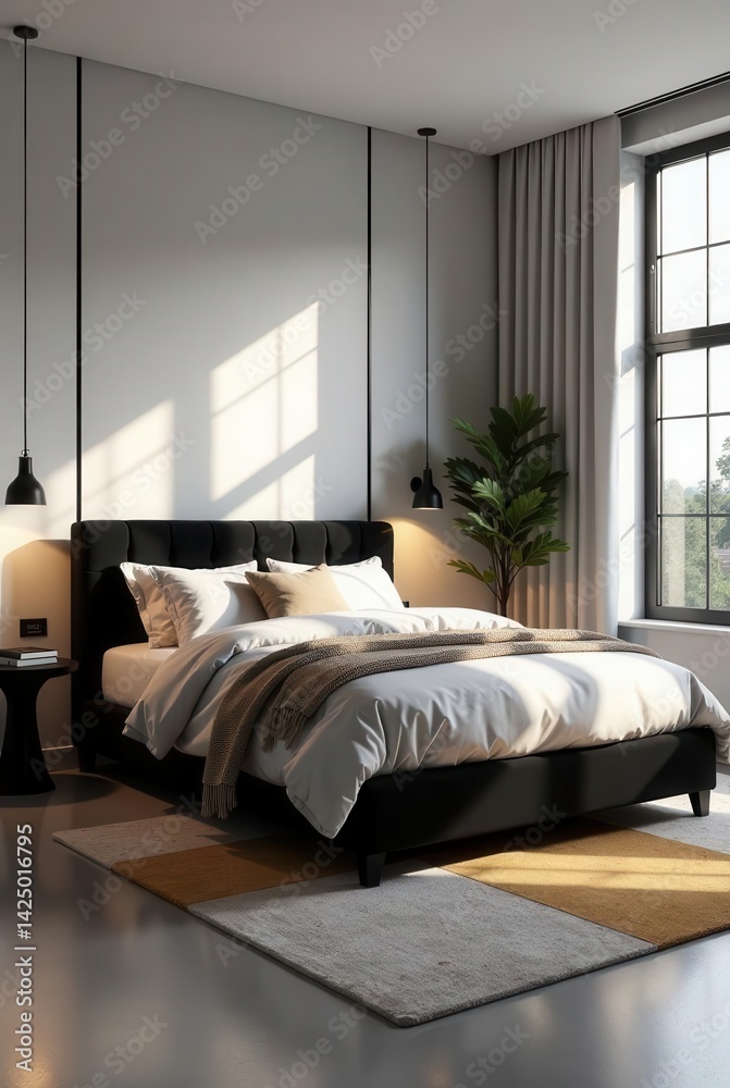 Fototapeta premium Modern Minimalist Bedroom Design Featuring Black Upholstered Bed, Neutral Color Palette, and Natural Light