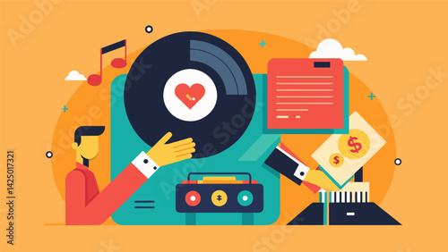A philanthropic spin on music appreciation a vinyl record auction fundraiser to benefit underfunded music programs. Vector illustration