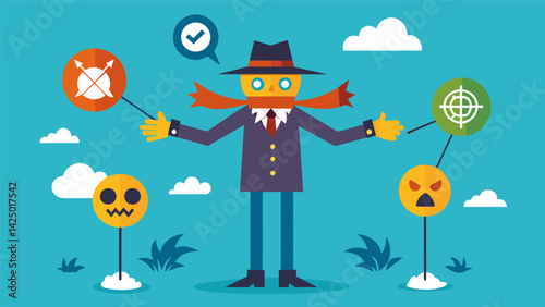 A scarecrow dd in the symbols and slogans of biased reporting its menacing stance deterring any attempts at critical thinking..