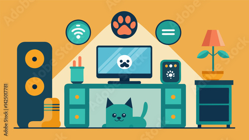 An easytouse system that can be set up in any room of the house to provide endless entertainment for your pets.. Vector illustration