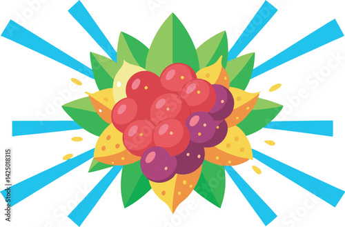 A vibrant vector art illustration showcasing an explosion of colorful berries in dynamic motion, perfect for summer themes and fruity designs.