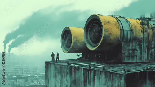 There are three exhaust fans on top of a roof on a building. Draconian Apex. Illustration