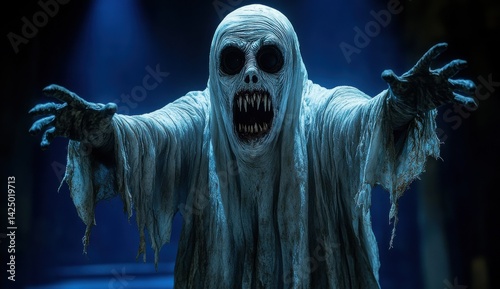 A ghostly figure with a white robe and a skull on its face is reaching out