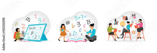 Little Girl Doing Her Homework. Teaching a Girl in an Informal Setting. Women Group Watching Video.