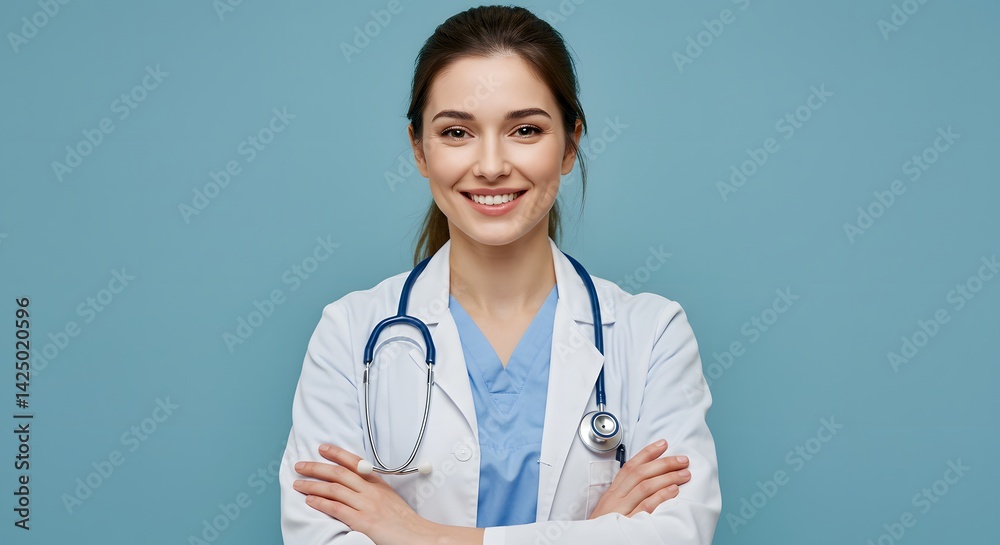 Portrait of a smiling female doctor in a white coat with a stethoscope against a blue backdrop. Portrait of a smiling female doctor in a white coat with a stethoscope against a blue backdrop.