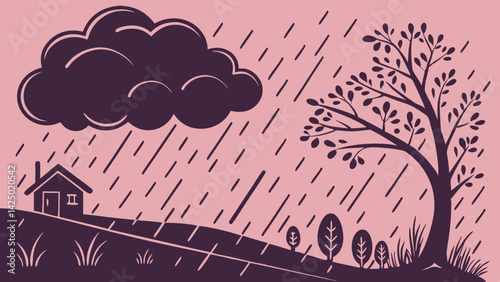 Black cloud and rainy sky dark pink background with heavy rain concept .Paper art style  vector, illustration.
