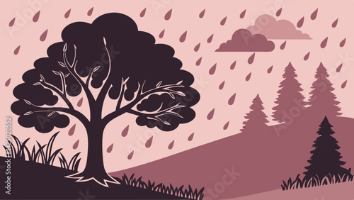 Black cloud and rainy sky dark pink background with heavy rain concept .Paper art style  vector, illustration.
