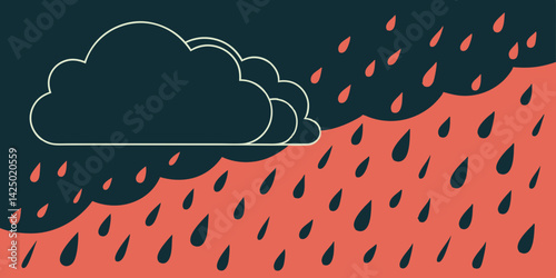 Black cloud and rainy sky dark red-green background with heavy rain concept .Paper art style  vector, illustration.
