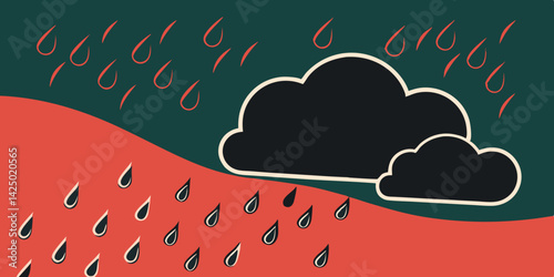Black cloud and rainy sky dark red-green background with heavy rain concept .Paper art style  vector, illustration.
