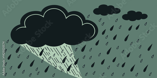 Black cloud and rainy sky dark green background with heavy rain concept .Paper art style  vector, illustration.
