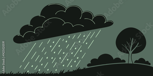 Black cloud and rainy sky dark green background with heavy rain concept .Paper art style  vector, illustration.
