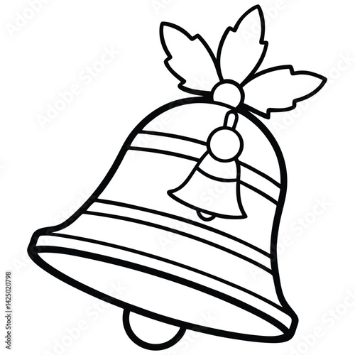 Simple Line Drawing of a Christmas Bell with Holly